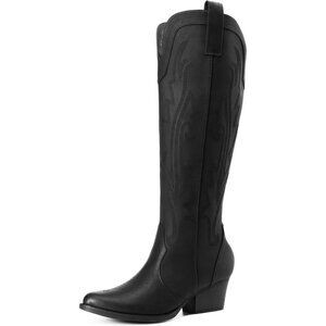 Women's Black-1 Comfortable Chunky Heel Embroidered Western Retro Knee High Boot
